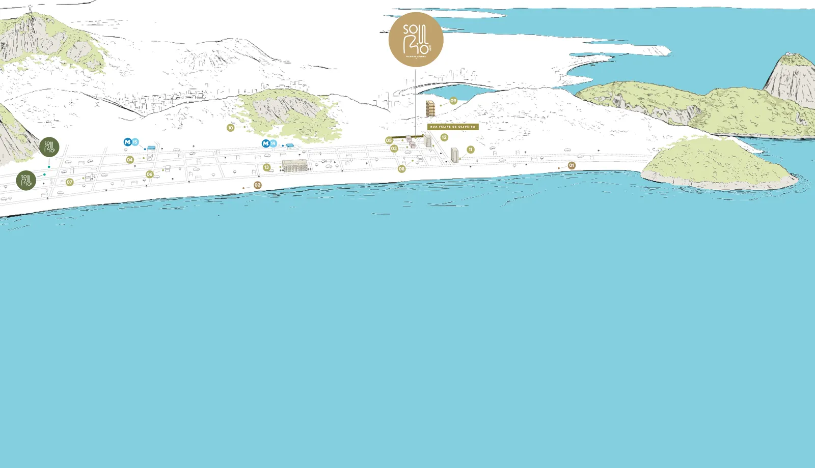 Mapa ilustrado de Copacabana e do Leme com a localização do Soul Rio Felipe de Oliveira e os pontos de referência numerados